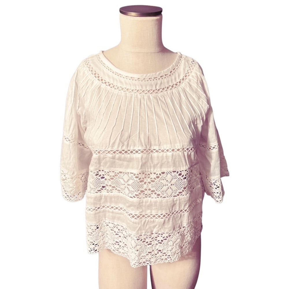 NWOT The Kooples White Lace Crochet Peasant Top Pintuck Detail Bell Sleeve Sz XS